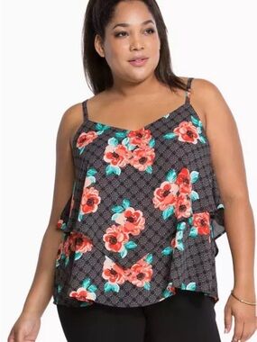 torrid Black Floral Layered Camisole with Coral & Teal Accents